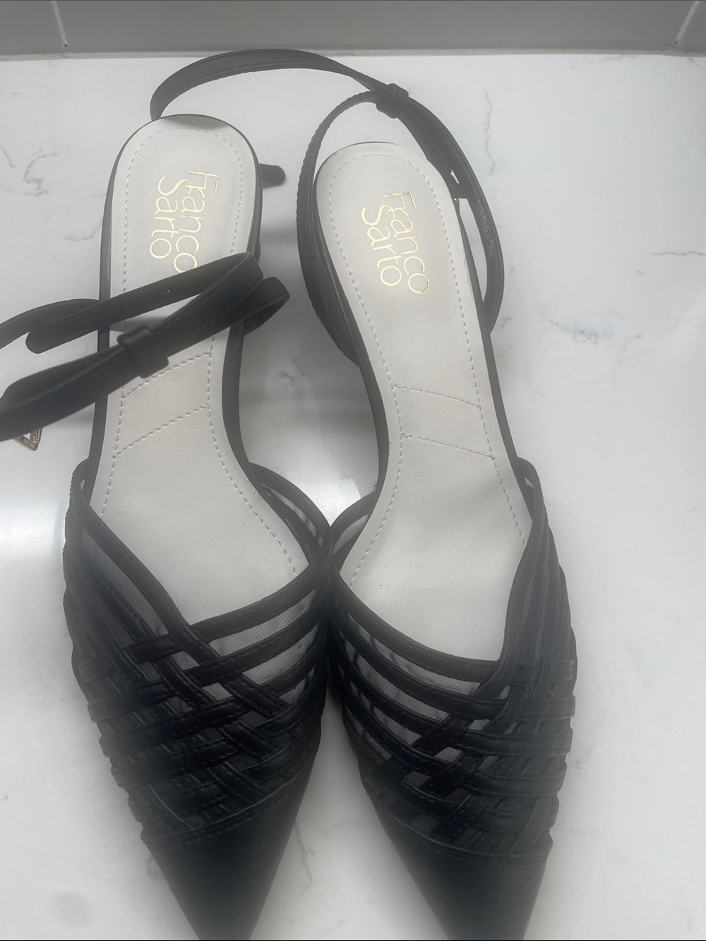 Franco Sarto Black Pointed-Toe Strappy Slingback Heels